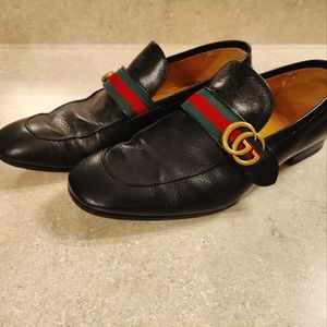 Gucci Black Leather Loafers Gold GG US11 ITALY10